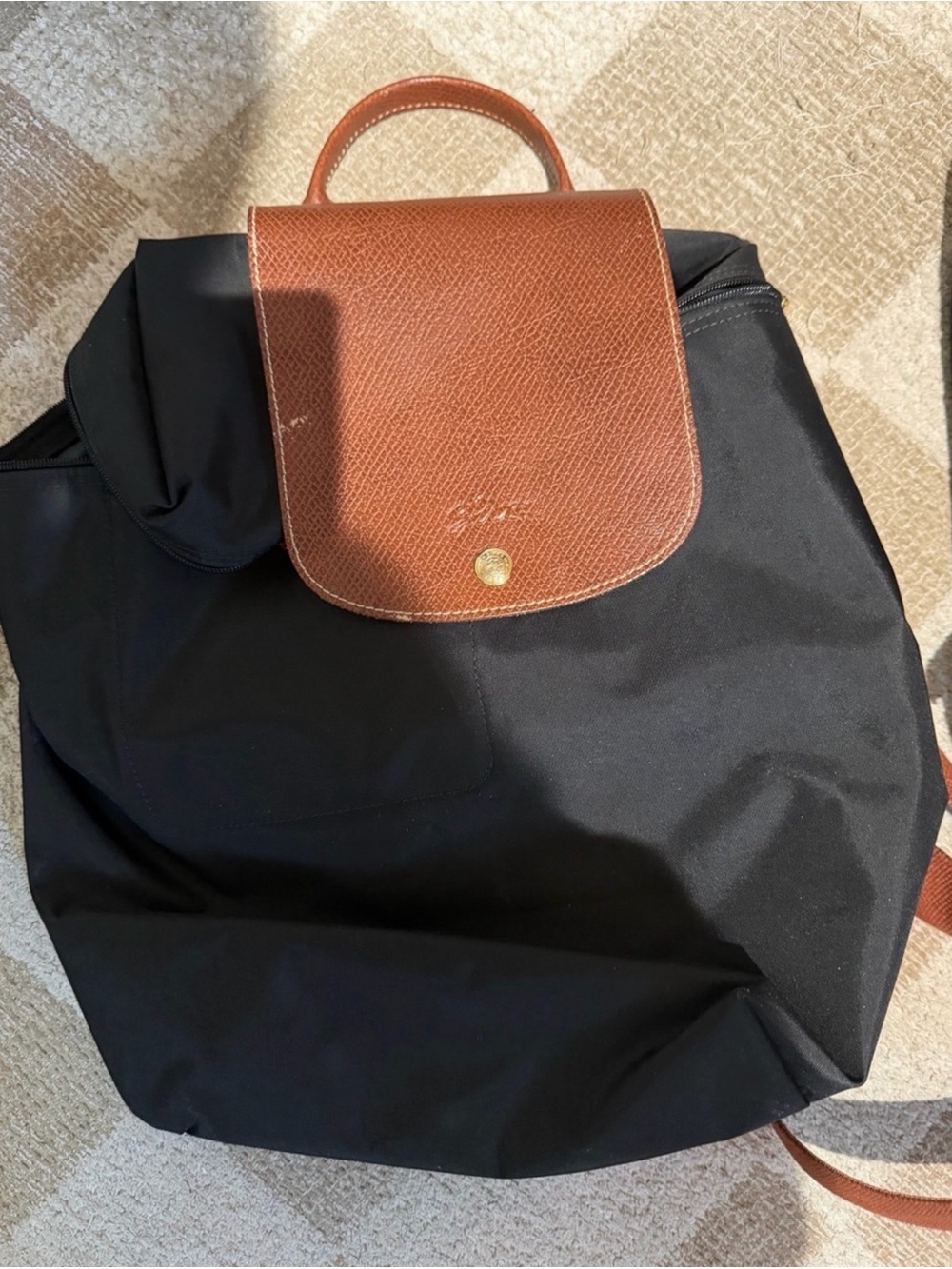 Longchamp Black Backpack with Brown Leather Flap